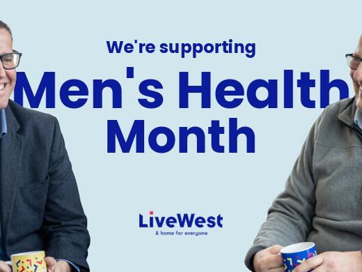 Graphic showing two colleagues having a coffee and a chat, with the text 'We're supporting Men's Health Month'