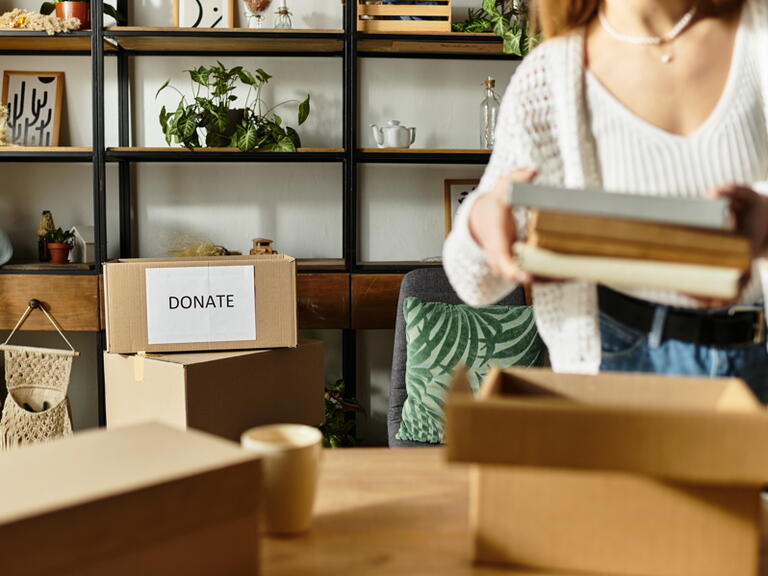 Woman decluttering home with donate box