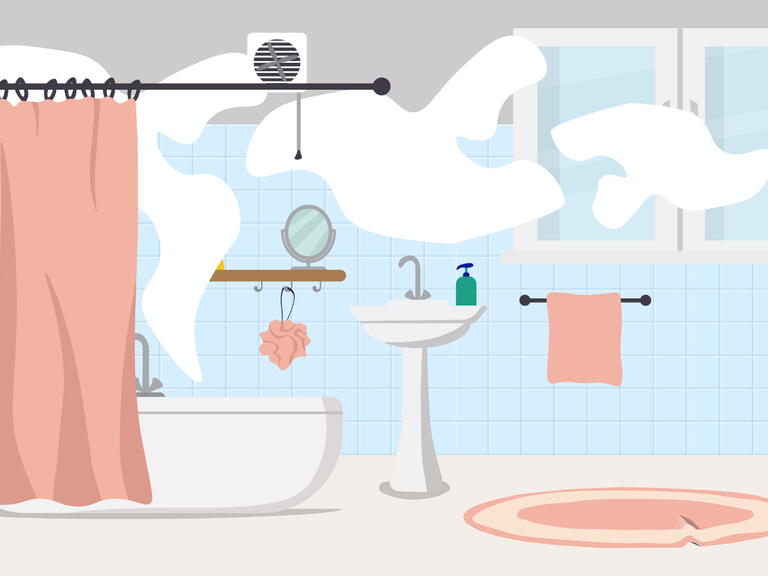 Illustrated image of a bathroom with steam going out of the window.