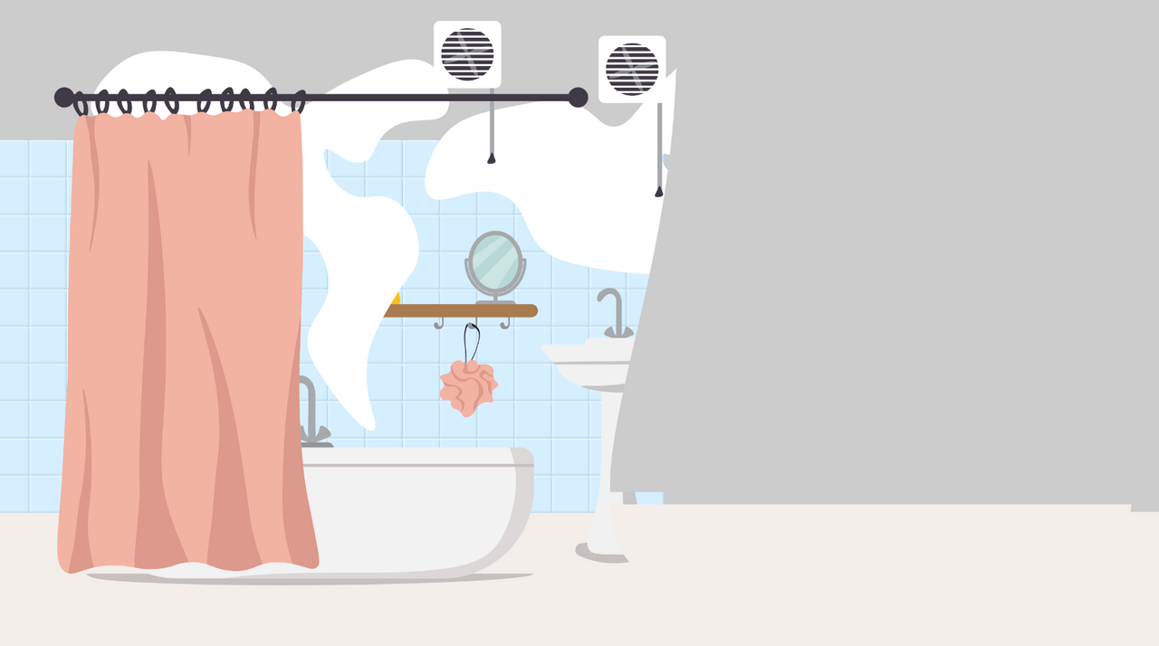 Illustrated scene of steam leaving a bathroom window.