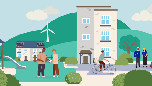 A LiveWest branded illustration of a community scene, including homes and residents