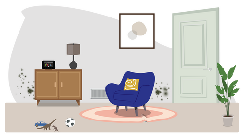 Image shows an illustrated scene of a lounge with mould on the wall